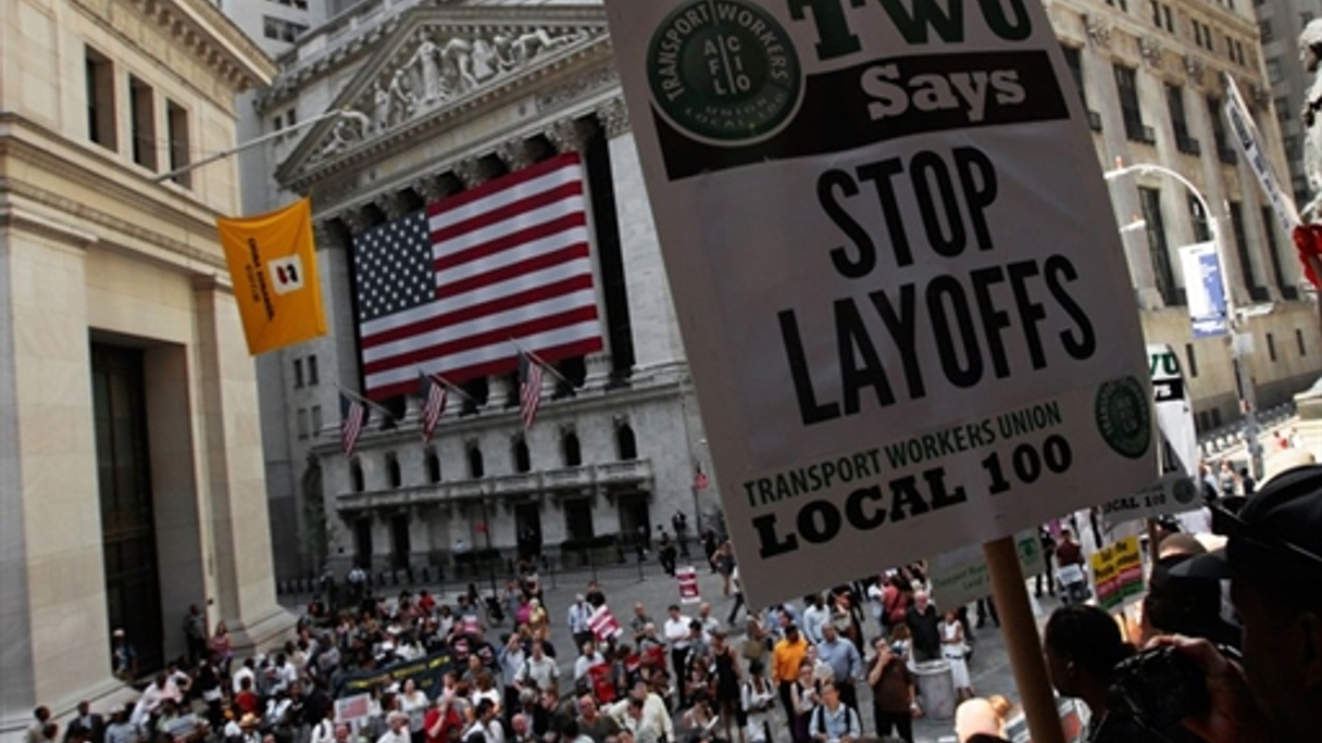 Unemployed New Yorkers at a September 1 rally in favour of more work programmes