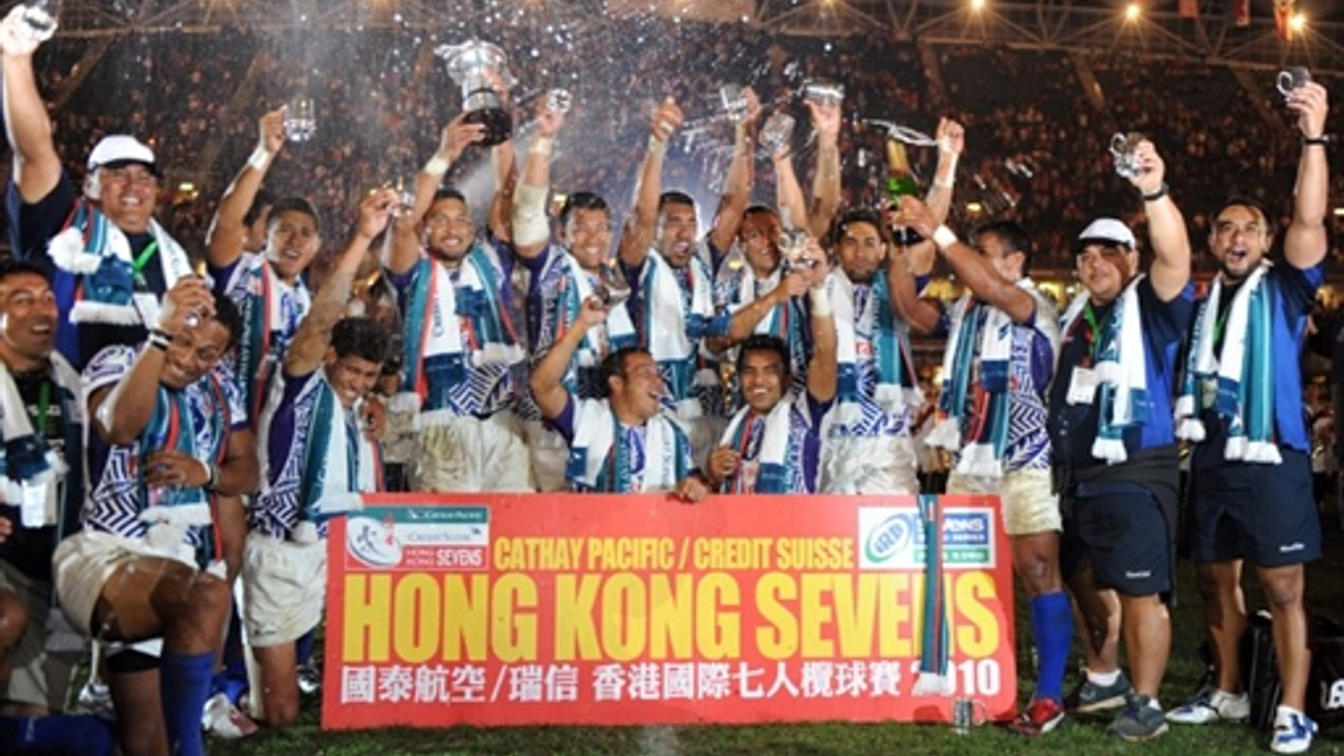 Samoa celebrates its win in the Hong Kong Sevens