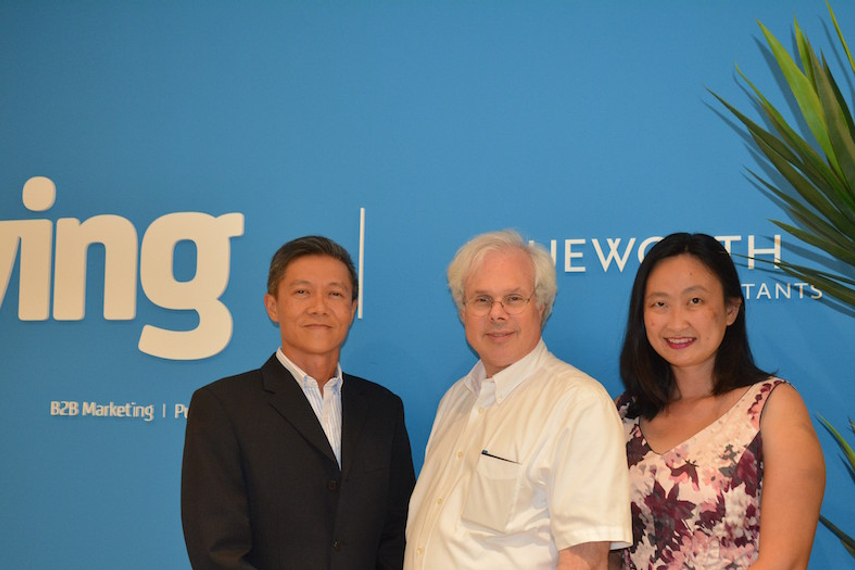 Peter Finn pictured with the founders of Ying PR, Allan and Yin Ching