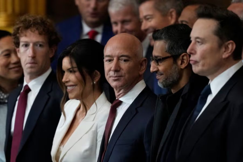From left: Mark Zuckerberg, Lauren Sanchez, Jeff Bezos, Sundar Pichai and Elon Musk at the inauguration of Donald Trump on January 20. Photo: Getty Images