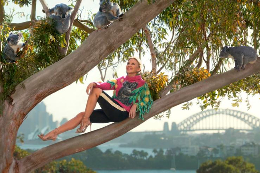 Kylie Minogue hanging with koalas at Taronga Zoo in Sydney in Tourism Australia's 'Matesong' campaign.

