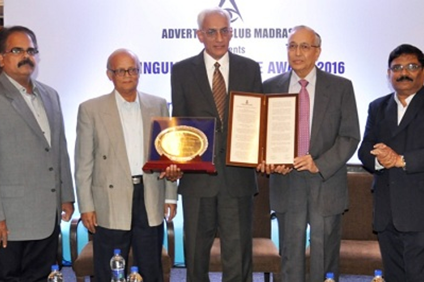 (From left) KR Skandaraaj, president, Advertising Club Madras; RV Rajan; Srinivasan K Swamy; N Murali; P Siva Prasad, VP, Advertising Club Madras