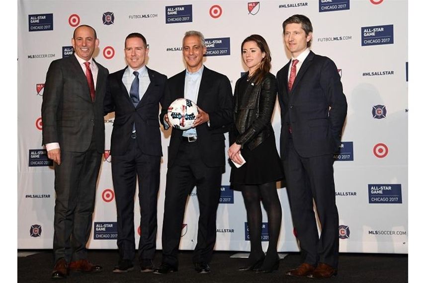 MLS commissioner Don Garber, Chicago Fire owner and chairman Andrew Hauptman, Chicago mayor Rahm Emanuel, Chicago Sports Commissioner Executive Director Kara Bachman and Target VP of Marketing William White (left to right). Photo by Mike DiNovo.