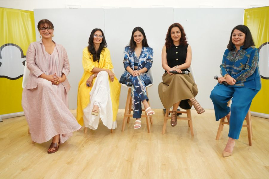 (left to right): Uthara Ganesh, head of public policy at Snap, actor and TV host Maria Goretti, Snap star Nitanshi Goel, Actor Tisca Chopra, and Aparajita Bharti, co-founder, YLAC India and The Quantum Hub Consulting.
