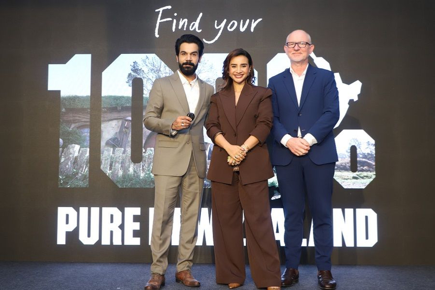 Actors and real-life couple Rajkummar Rao and Patralekhaa with Tourism New Zealand’s regional director for Asia, Gregg Wafelbakker.