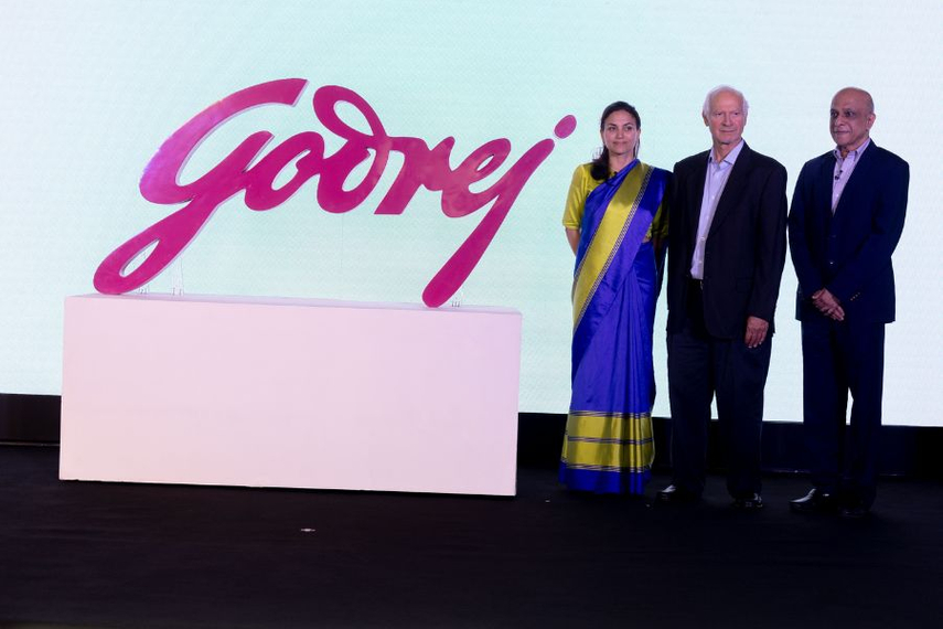 (Left to right): Godrej Enterprises Group' executive director Nyrika Holkar with chairman and managing director Jamshyd Godrej and CEO and executive director Anil Verma, unveil the new logo.