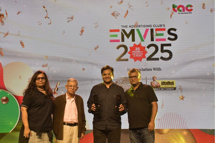 A still from the EMVIE Awards 2025. People in the photo include Prasanth Kumar, president of the Advertising Agencies Association of India, and CEO of GroupM, South Asia, Sam Balsara, chairman, Madison World, and Punitha Arumugam, chairperson, EMVIES Committee.