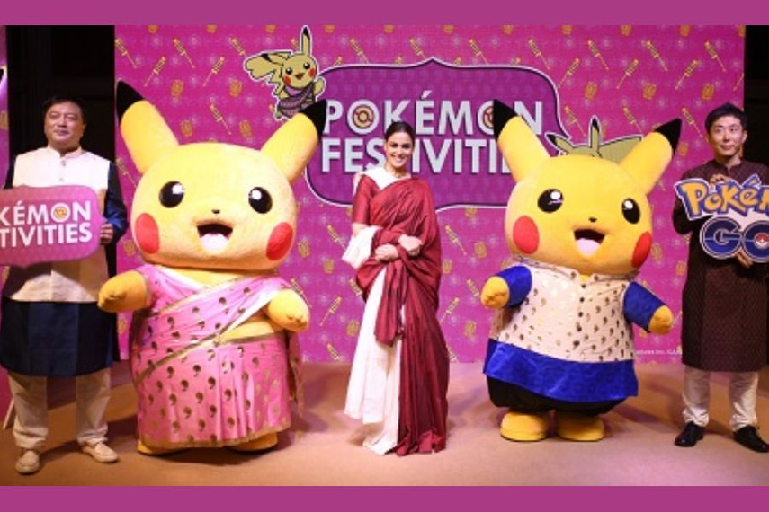 (left to right): Susumu Fukunaga, corporate officer of The Pokemon Company; Pikachu, brand ambassador Genelia Deshmukh with Yuki Kawamura, senior director for Strategic Partnerships and Special Projects, Niantic.