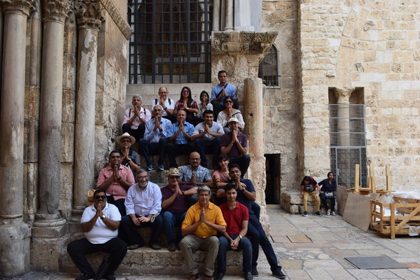 The IAA-Indian CEO Delegation praying for world peace outside the Church of the Holy Sepulchre, in the holy city of Jerusalem, Israel. Janak Sarda (pictured in the second row from below, extreme left)