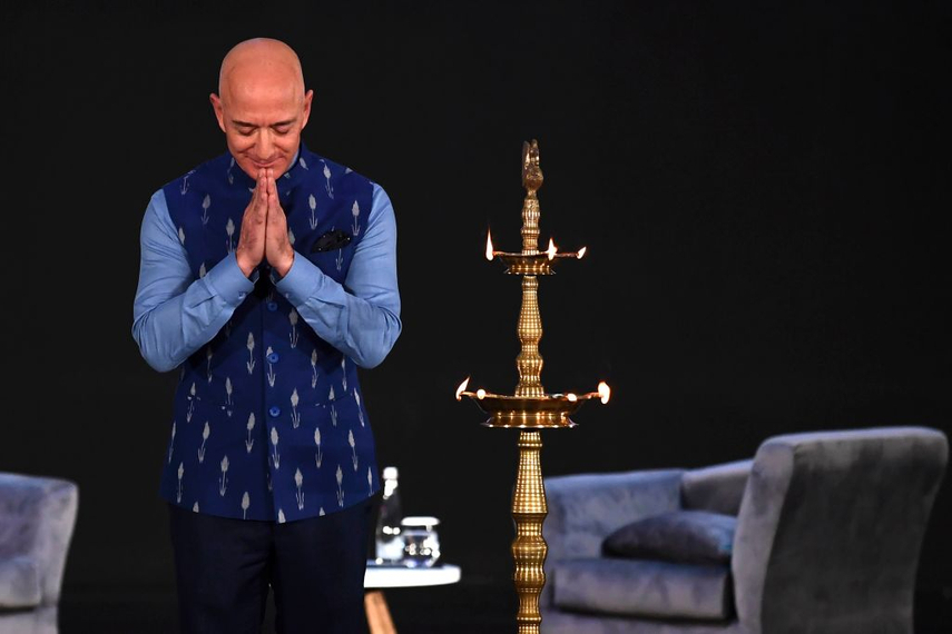 Amazon CEO Jeff Bezos at the company's annual Smbhav event in New Delhi on January 15. (Getty Images)