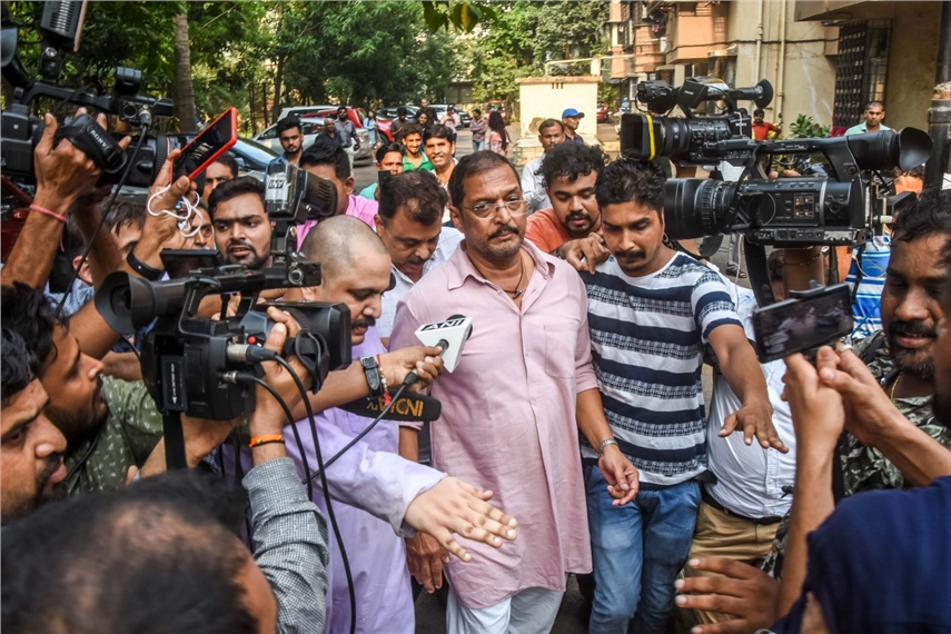 Actor Nana Patekar surrounded by press on 8 October following accusations of harassment made by Tanushree Dutta. Photo: Prathamesh Bandekar / The Times of India (AFP)