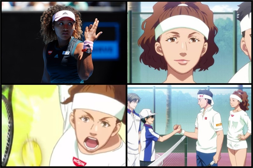 Naomi Osaka at the Australian open versus the now-pulled Nissin video. (Upper left image: David Gray / AFP)