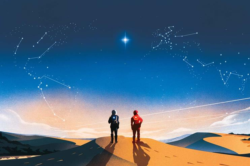 WPPが公開した絵。AKQA(左)とグレイを象徴する人物が、未開の地を探究する様子が描かれている