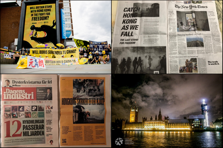 左上から時計回りに:ロンドンでの集会と屋外広告/ニューヨークタイムズに掲載された新聞広告/英国会議事堂に投影されたメッセージ/スウェーデンのダーゲンスインダストリ紙(Dagens Industri)に掲載された新聞広告(写真は@standwithhkのフェイスブクアカウントから)